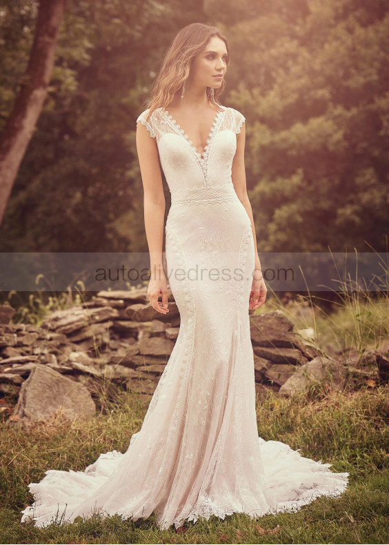 Ivory Sequined Lace Illusion Back Wedding Dress